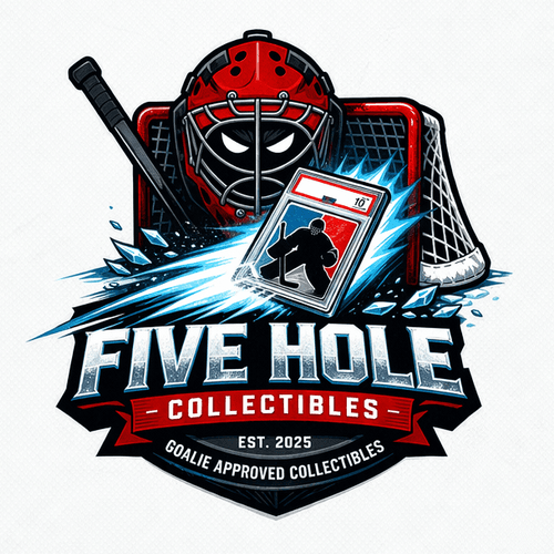 Five Hole Collectibles logo with a goalie mask, net, and slabbed card